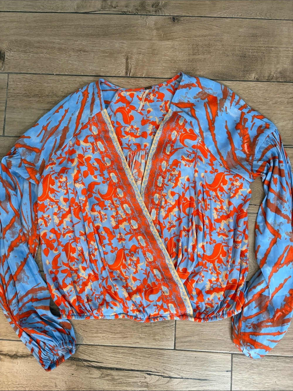 Free People Blue and Orange Floral Wrap-Style Blouse